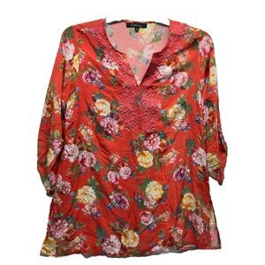 Caleaas Womens Size S Orange 3/4 Roll Tab Sleeve Floral Top (L3)